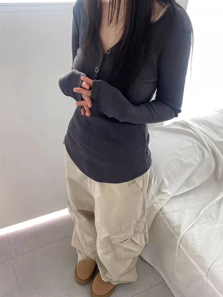 Autumn Y2k Aesthetic Vintage Solid Ribbed Tees Streetwear Half Open Collar Casual Tshirts Women Harajuku Grunge Bottoming Tops