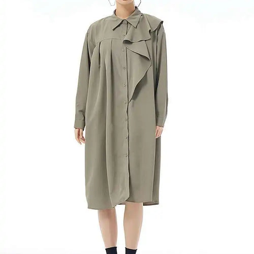 Load image into Gallery viewer, Women Gray Ruffles Pleated Midi Elegant Big Size Shirt Dress New Lapel Long Sleeve Fashion Tide Spring Autumn 2025 1DH7415
