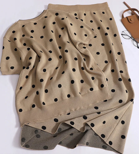 French Retro Summer Set Black Brown Polka Dot Round Neck Short Sleeved Knit T-shirt Top And High Waist Long Skirt Women Suit New
