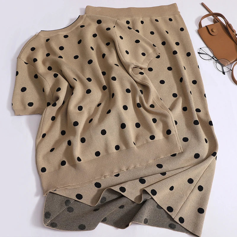 French Retro Summer Set Black Brown Polka Dot Round Neck Short Sleeved Knit T-shirt Top And High Waist Long Skirt Women Suit New