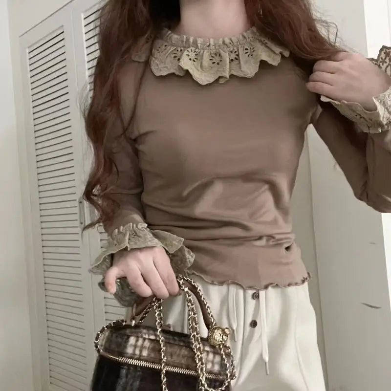 Lace Peter Pan Collar Woman Tshirts Long Sleeve Tunic Tees Sweet Pink Korean Camisetas 2024 Ropa Mujer Fashion Cute T Shirt Tops