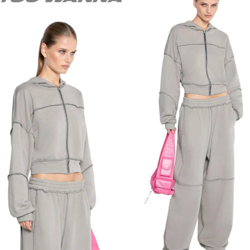 Load image into Gallery viewer, Sporty Women 2 Piece Set Casual Tracksuit Panelled Stripes Simple Hipster Hooded Zip Jacket+Wide Pants Matching Suits
