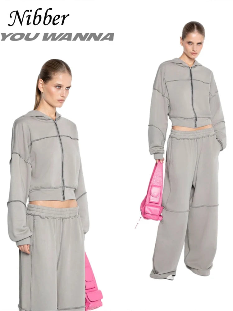 Sporty Women 2 Piece Set Casual Tracksuit Panelled Stripes Simple Hipster Hooded Zip Jacket+Wide Pants Matching Suits
