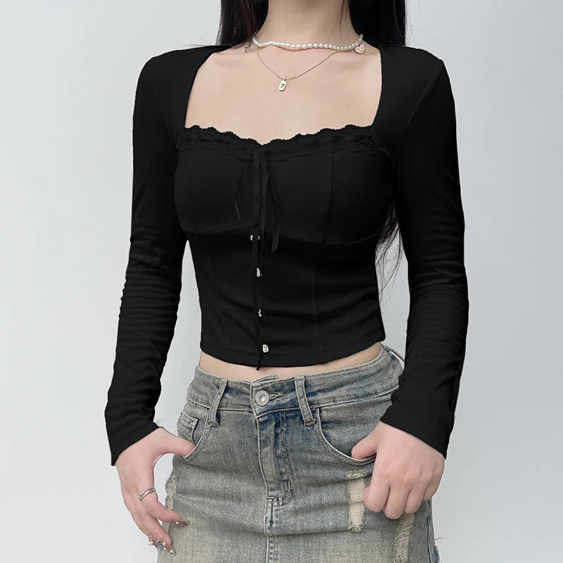Square Neck Coquette Autumn Women T-shirts Slim Sweet Korean Style Lace Trim Crop Top Tee Chic Tie Up Buttons Clothes