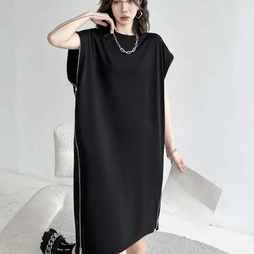 Load image into Gallery viewer, Women Black Zipper Big Size Casual Dress New Round Neck Short Sleeve Loose Fit Fashion Tide Spring Summer 2025 1DF7865
