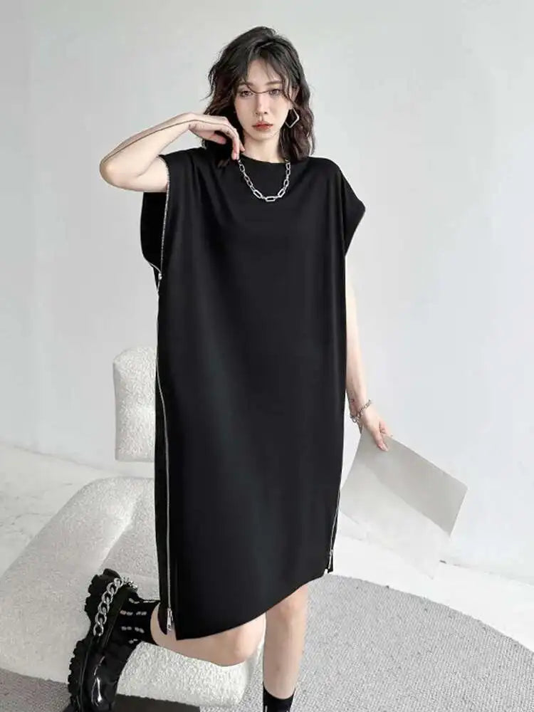 Women Black Zipper Big Size Casual Dress New Round Neck Short Sleeve Loose Fit Fashion Tide Spring Summer 2025 1DF7865