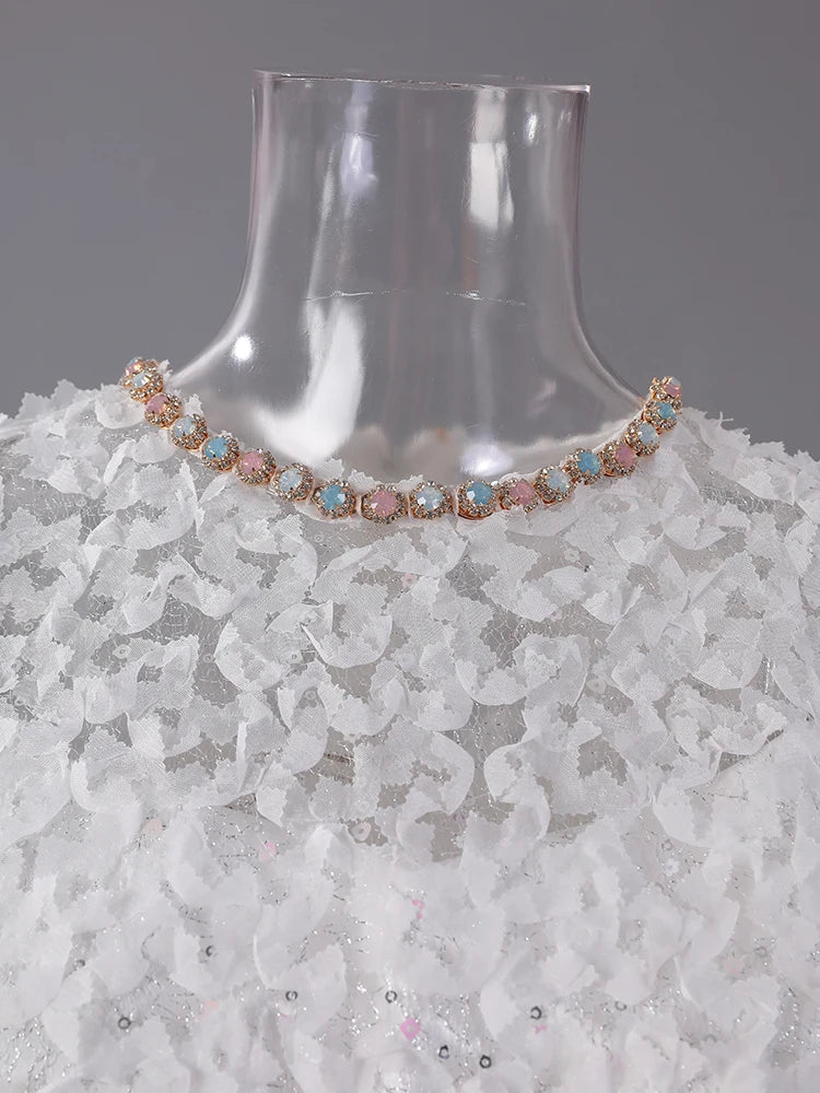 Women White Lace Rhinestones Elegant Slim Mini Dress New Round Neck Short Sleeve Fashion Tide Spring Summer 2025 CPG2980