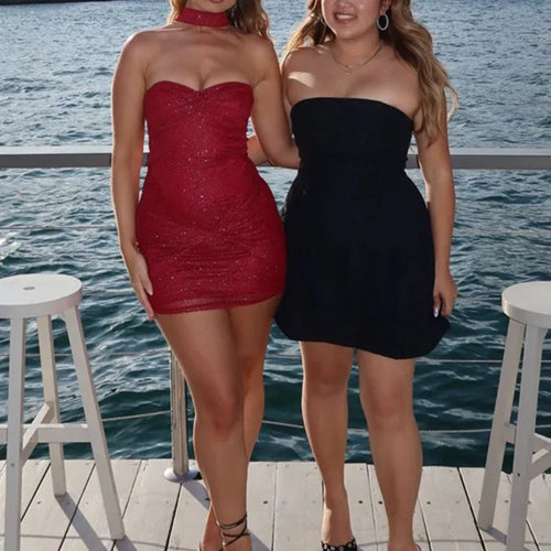 Load image into Gallery viewer, Halter Strapless Ruched Sexy Mini Dress For Women Robe Fashion Solid Off-shoulder Backless Sleeveless Club Dress New
