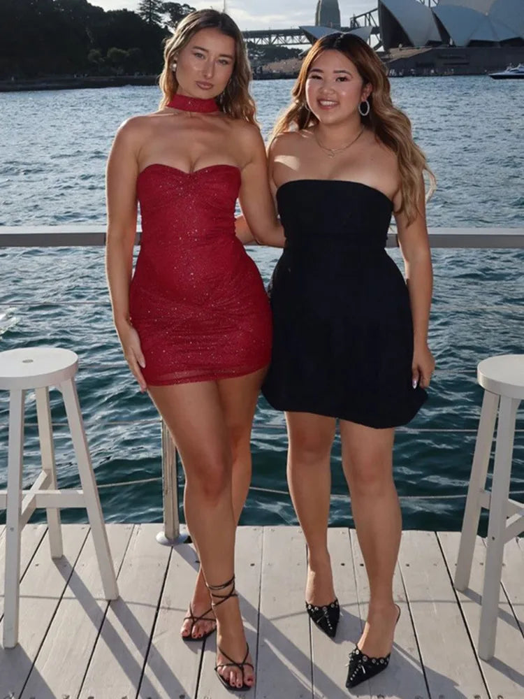 Halter Strapless Ruched Sexy Mini Dress For Women Robe Fashion Solid Off-shoulder Backless Sleeveless Club Dress New