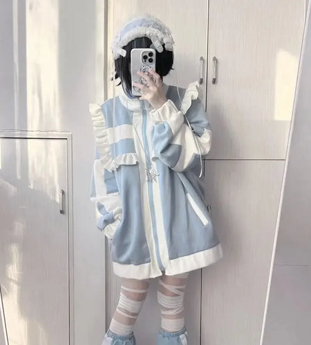 Japanese Coat for Women Patchwork Long Sleeve Oversized Outwear Y2k Tops Preppy Style Casual Fashion Ruffles Lolita Y2k Jackets