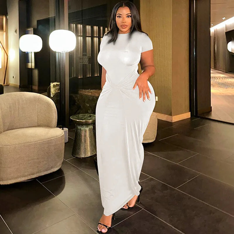 Short Sleeve Ruched Sexy Maxi Dress For Women Fashion Summer New Solid High Waist Slim Fit Elegant Long Dress Vestido