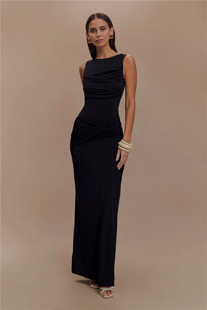 Backless Ruched Sexy Maxi Tank Dress Women Gown Summer New O Neck Thigh High Split Bodycon Elegant Long Dress Fashion