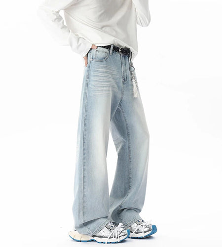 Male Jeans New American Style Flower Tied Cat Beard Design Gradient Color Trendy Men's Straight Leg Casual Bottoms 9W1805