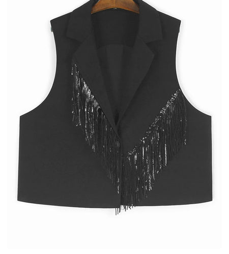 Black Sequins Vest Half-body Skirt Two Pieces Suit New Lapel Sleeveless Women Fashion Tide Spring Autumn 2025 1DJ1103