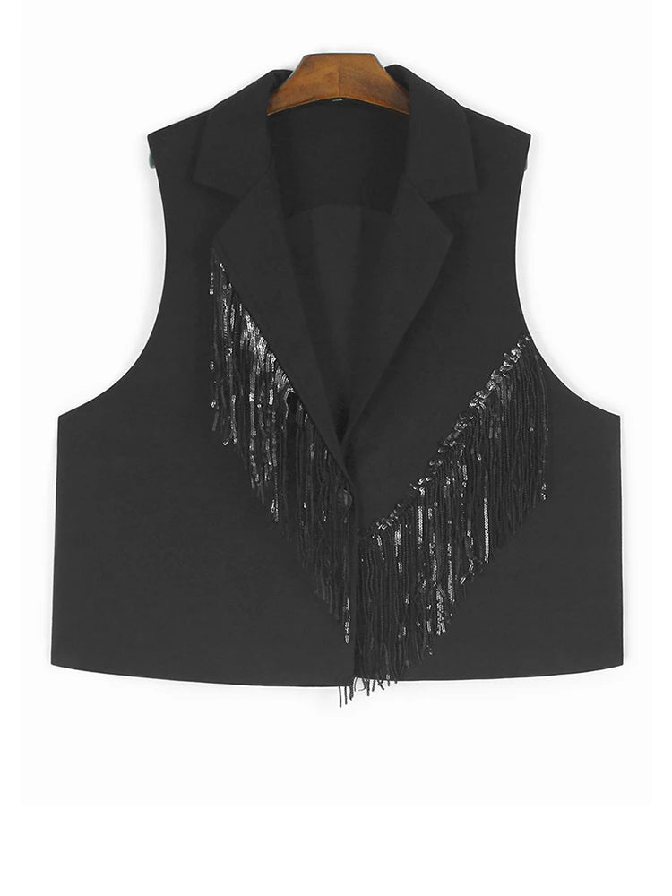 Black Sequins Vest Half-body Skirt Two Pieces Suit New Lapel Sleeveless Women Fashion Tide Spring Autumn 2025 1DJ1103