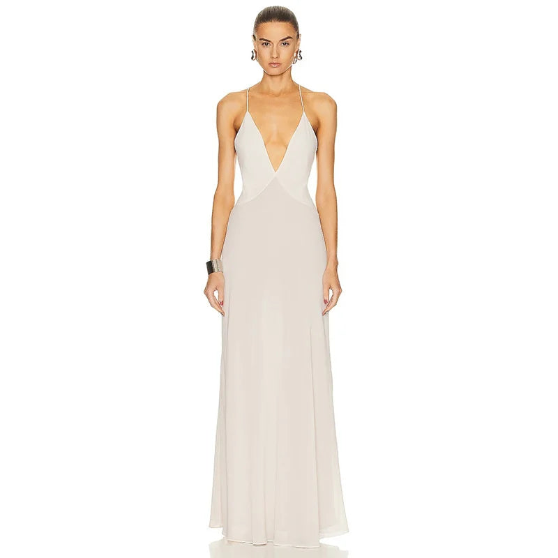 Deep V Neck Tie Flower Backless Maxi Dress Women New Spaghetti Strap Sleeveless Long Dress Elegant Sexy Club Slipdress