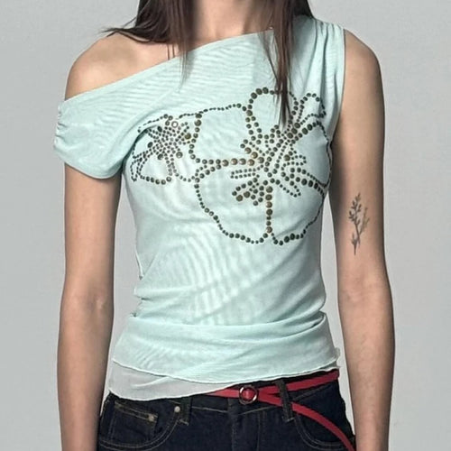 Load image into Gallery viewer, Summer Sexy Slash Neck Pleated Gauze Tshirts Women Y2k Aesthetic Rivet Flower Grunge Tops Harajuku Vintage Fairy Bodycon Tees
