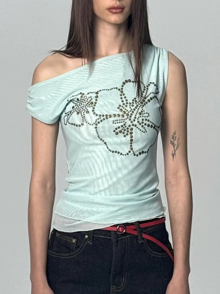 Summer Sexy Slash Neck Pleated Gauze Tshirts Women Y2k Aesthetic Rivet Flower Grunge Tops Harajuku Vintage Fairy Bodycon Tees