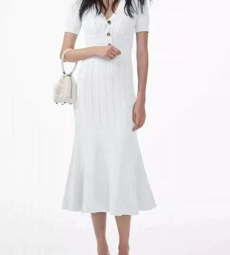 French Women's Black White Short Sleeved Knitted Long Dress Summer Blue V-neck High Waist Slim Hollow Out Button Pleated Dresses