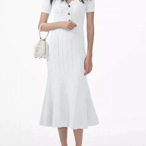 Load image into Gallery viewer, Fashion Women Solid V Neck Single Breasted Hollowed Out Knitted Dress Spring Summer Short Sleeves Festival Fishtail Long Dresses
