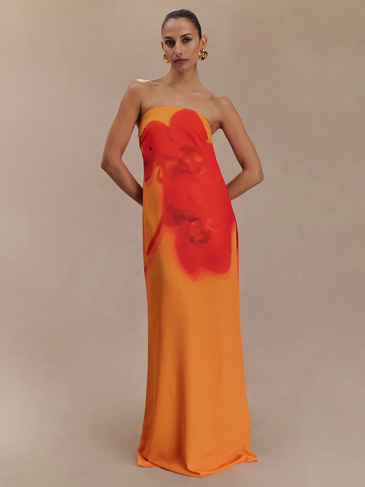 Floral Print Strapless Sexy Maxi Dress For Women Gown Off-shoulder Backless Sleeveless Elegant Long Dress Fashion
