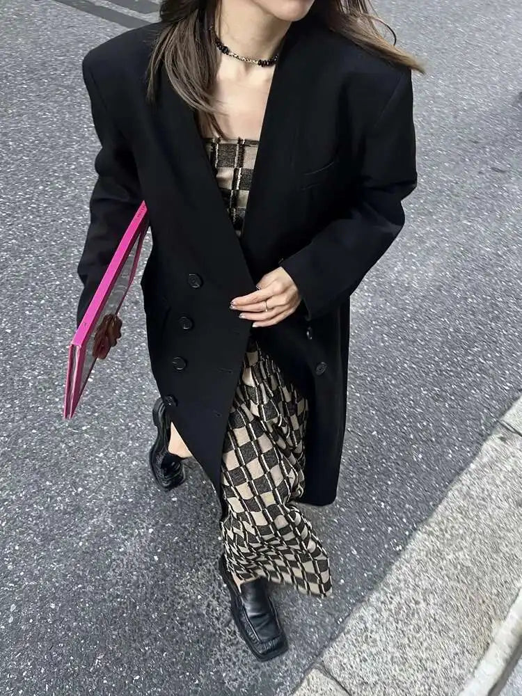 Women Black Brief Double Breasted Long Elegant Blazer New Lapel Long Sleeve Jacket Fashion Tide Spring Autumn 2025 1LD1678