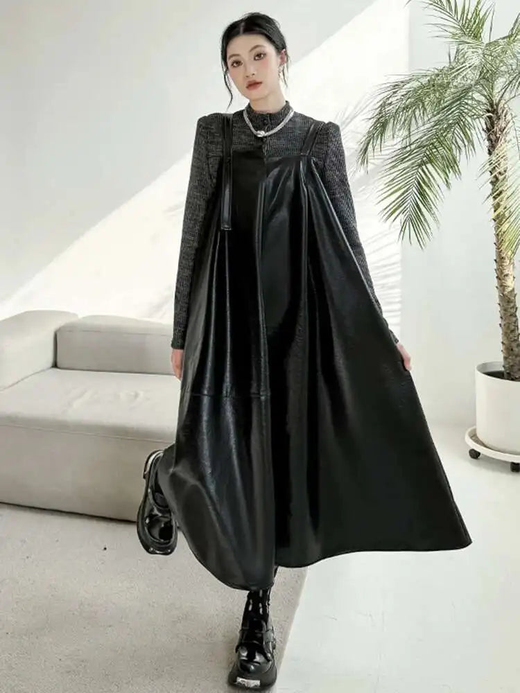 Women Black Pu Leather Big Size Casual Strap Dress New Square Collar Sleeveless Fashion Tide Spring Autumn 2025 1DH5160