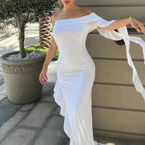 Load image into Gallery viewer, Strapless One Shoulder Solid Ruffles Irregular Sexy Bodycon Maxi Dress 2024 Summer Women Elegant Party Festival Outfit
