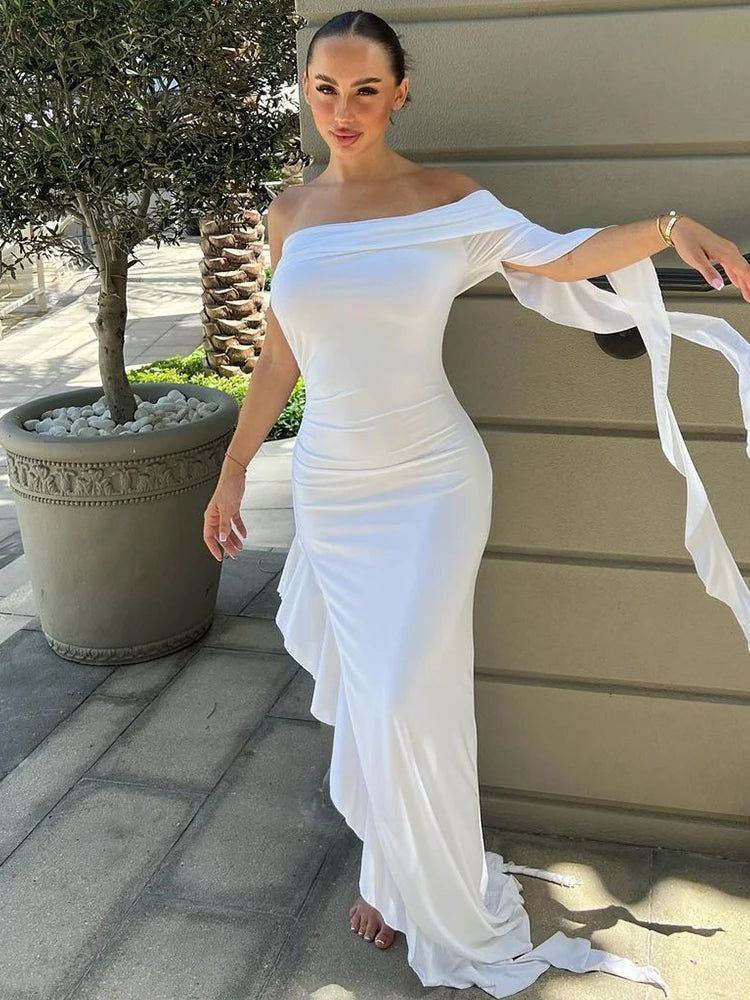 Strapless One Shoulder Solid Ruffles Irregular Sexy Bodycon Maxi Dress 2024 Summer Women Elegant Party Festival Outfit