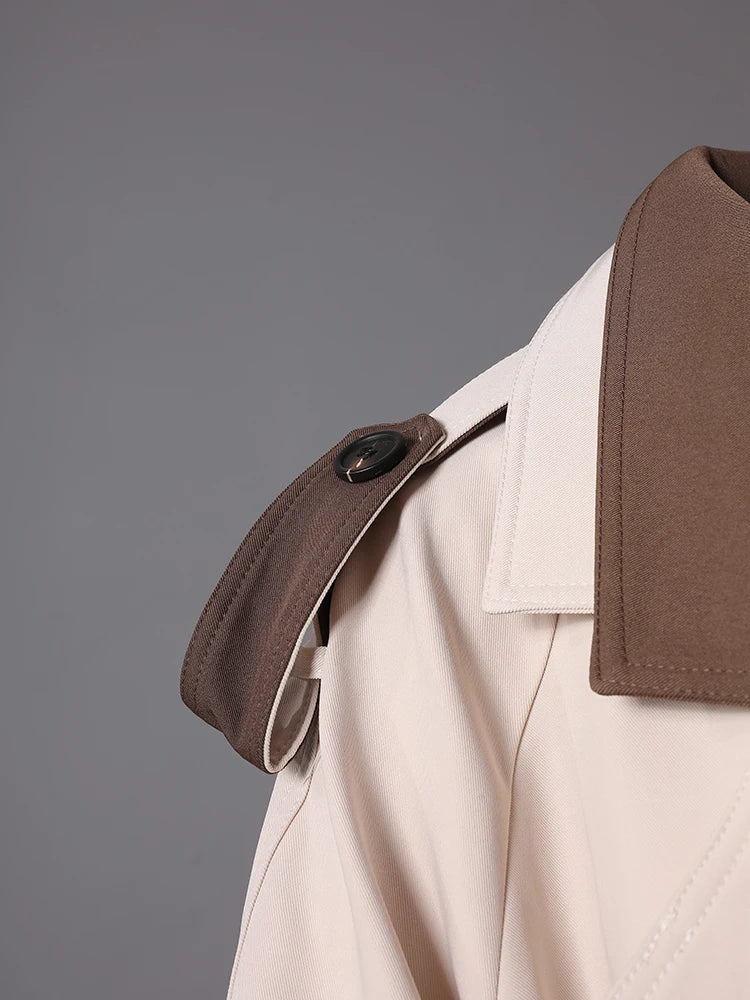 Women Beige Color-block Big Size Long Trench New Lapel Long Sleeve Windbreaker Fashion Tide Spring Autumn 2025 2DA7020