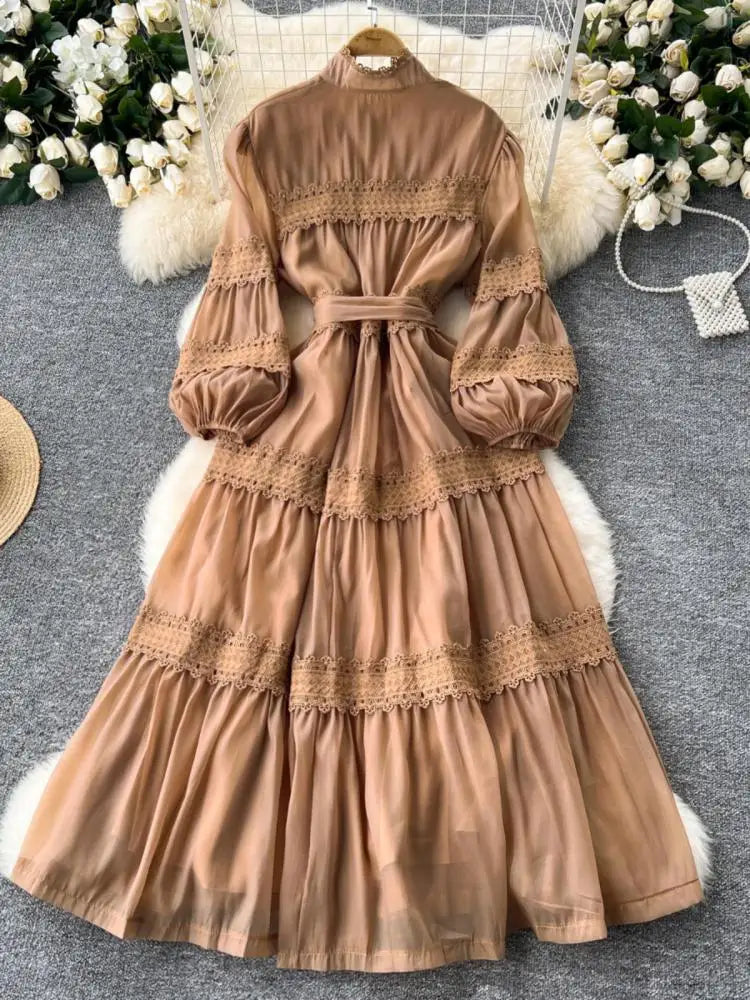 Vintage Women's Solid Single Breasted Bow Lace- Up Long Dress Autumn Lace Patchwork Long Sleeved Evening Party Princess Dresses