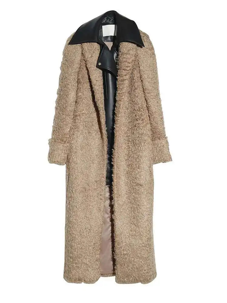 30% Wool Pu Leather Big Size Long Woolen Coat New Lapel Long Sleeve Women Jacket Fashion Tide Autumn Winter 2025 1DH7519