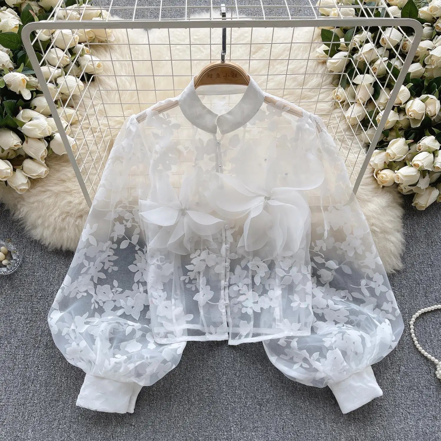 Autumn Women French Retro Mesh 3d Flower Design Blouse Long Sleeve 2023 Elegant Holiday Print Single Breasted Shirt Romantic Y2k