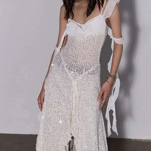 Load image into Gallery viewer, Women Beige Burr Perspective Sequins Irregular Long Spaghetti Strap Dress New Fashion Tide Spring Autumn 2025 1DH4725
