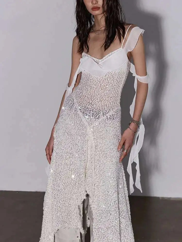 Women Beige Burr Perspective Sequins Irregular Long Spaghetti Strap Dress New Fashion Tide Spring Autumn 2025 1DH4725