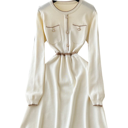 Load image into Gallery viewer, Korean Beige Patchwork Slim Long Sleeve Knitting Midi Dress Women Autumn Winter Round Neck High Waist Elegant Sweater Dress Chic
