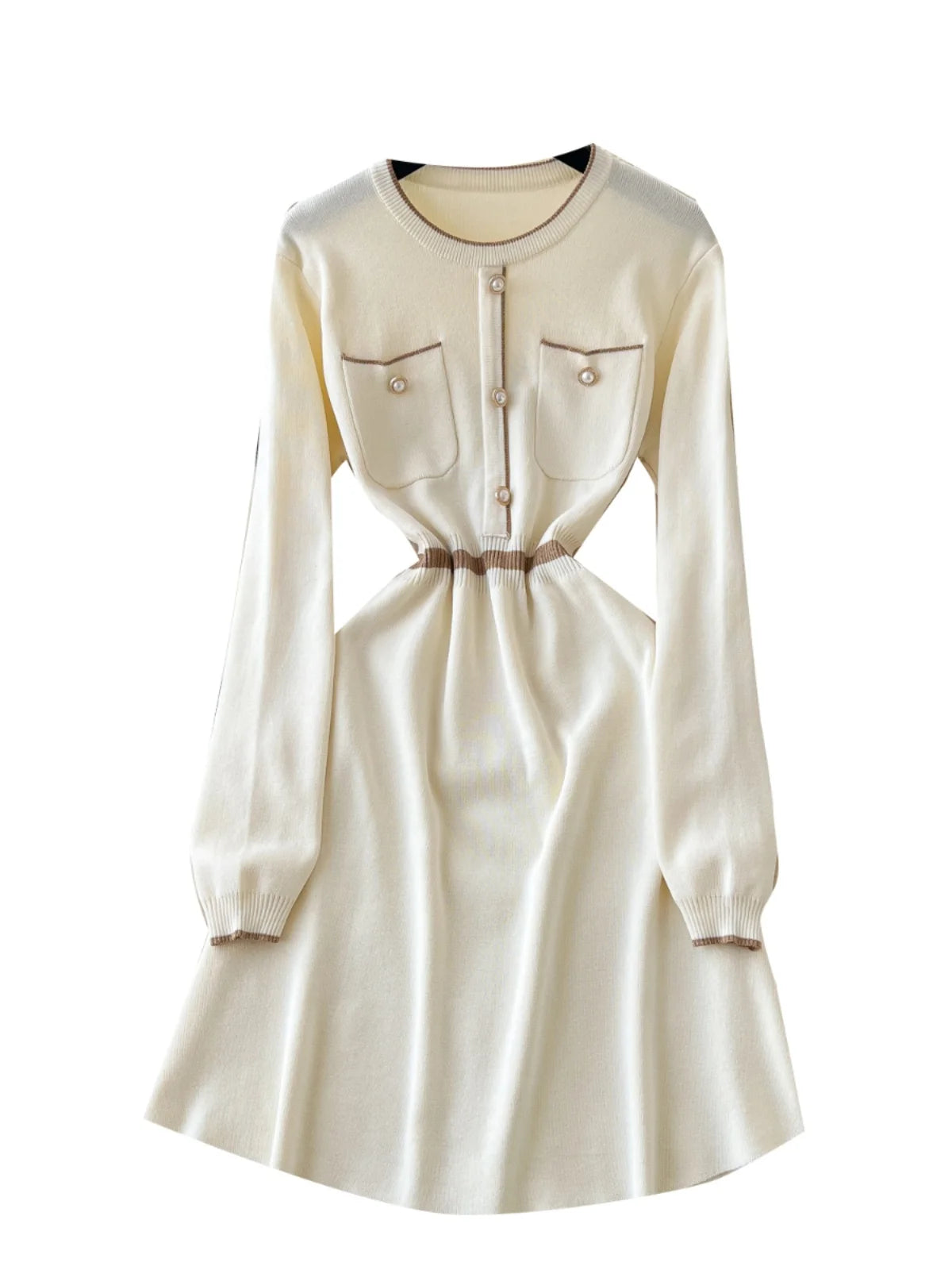 Korean Beige Patchwork Slim Long Sleeve Knitting Midi Dress Women Autumn Winter Round Neck High Waist Elegant Sweater Dress Chic