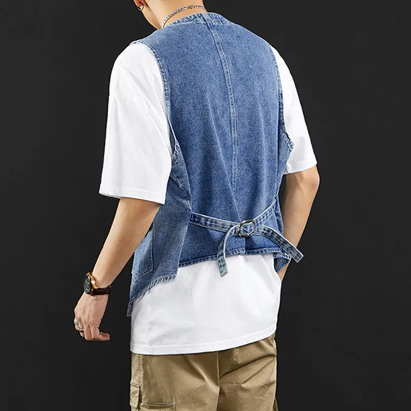 Men's Denim Vest Summer New Male Cargo Clothes Neckless Loose Jacket Trend Youth Coat Single Breasted Men Tide 9W1313