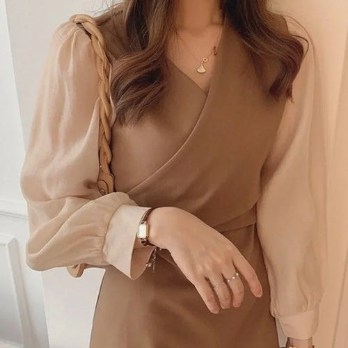 Load image into Gallery viewer, Autumn Chiffon Mini Dress Women Casual Long Sleeve Short Dresses Vintage Retro Office Laides Korean Kpop Fashion
