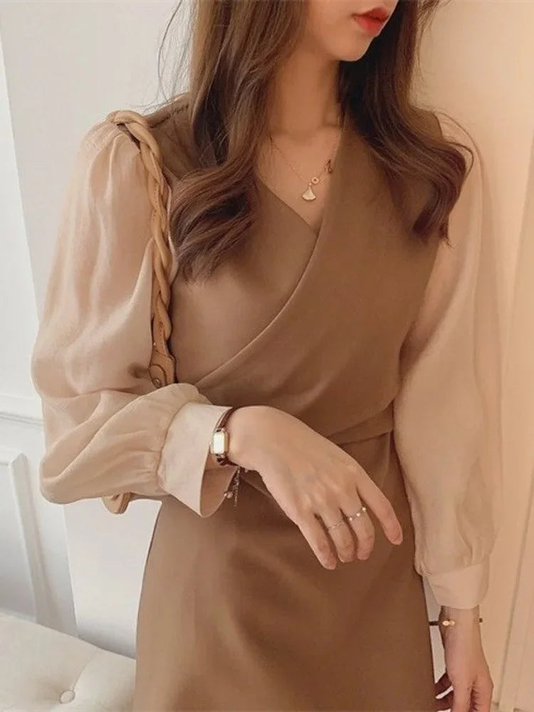 Autumn Chiffon Mini Dress Women Casual Long Sleeve Short Dresses Vintage Retro Office Laides Korean Kpop Fashion