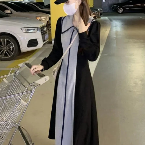 Load image into Gallery viewer, Korean Style Kpop Polo Oversize Dress Women School Casual Sport Long Sleeve Zip Midi Dresses Design Autumn Fashion
