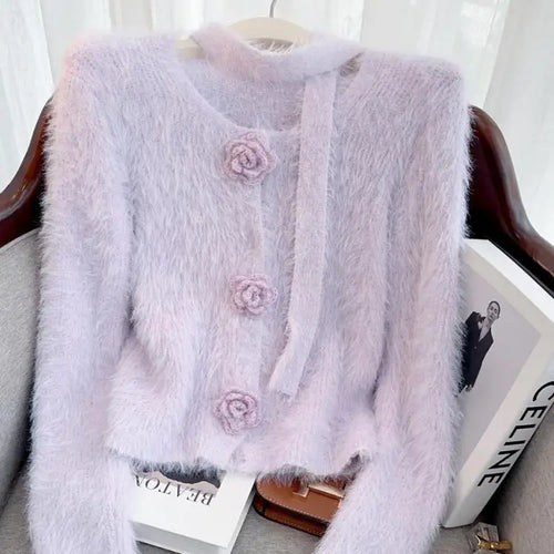 Load image into Gallery viewer, French Vintage Women Solid Elegant Long Sleeve Knitted Mink Sweater 2024 New Autumn Winter Ladies Round Neck Flower Cardigan Top
