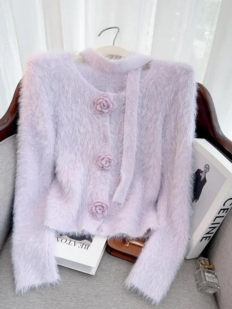 French Vintage Women Solid Elegant Long Sleeve Knitted Mink Sweater 2024 New Autumn Winter Ladies Round Neck Flower Cardigan Top
