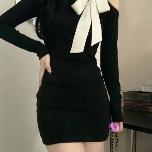 Load image into Gallery viewer, Black Off Shoulder Bodycon Mini Dress Women Sexy Wrap Slim Short Dresses Evening Party Korean Fashion Kpop Bow
