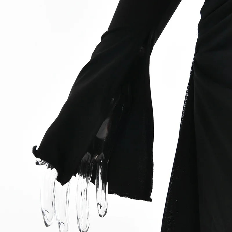 Hollow Out Spaghetti Strap Dresses Women Sexy High Waist Long Sleeve Party Outfits Solid Backless Black Fishbone Dress