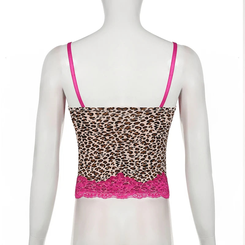 Strap Vintage Leopard Top Camis Y2K Aesthetic Lace Spliced Slim Fashion Sexy Tops Contrast 2000s Summer Cropped Cute
