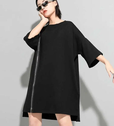Women Black Zipper Big Size Dress New Round Neck Three-quarter Sleeve Loose Fit Fashion Tide Spring Autumn 2025 1DF5283