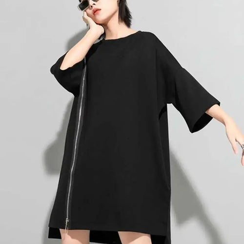 Load image into Gallery viewer, Women Black Zipper Big Size Dress New Round Neck Three-quarter Sleeve Loose Fit Fashion Tide Spring Autumn 2025 1DF5283
