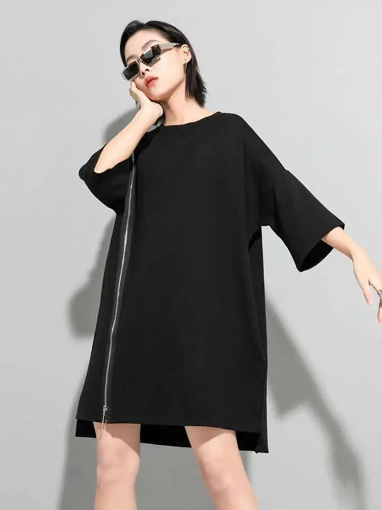 Women Black Zipper Big Size Dress New Round Neck Three-quarter Sleeve Loose Fit Fashion Tide Spring Autumn 2025 1DF5283