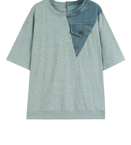 Women Gray Denim Color-block Big Size Casual T-shirt New Round Neck Short Sleeve Fashion Tide Spring Summer 2025 1DJ1354